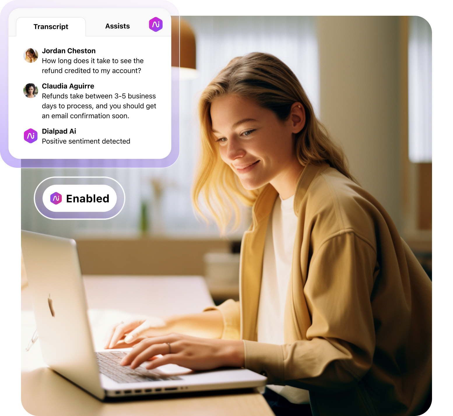 Screenshot of Dialpad Ai transcribing a phone call in real time