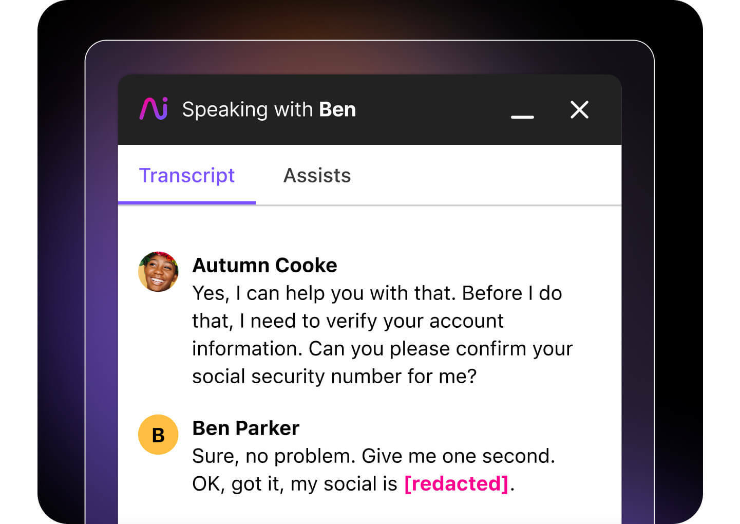 Screenshot of Dialpad Ai transcribing a phone call in real time