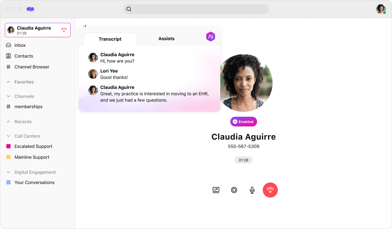 Screenshot of Dialpad Ai transcribing a phone call in real time
