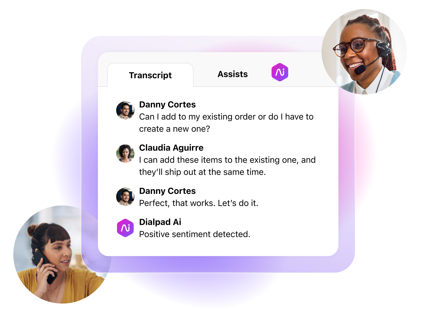 Screenshot of Dialpad Ai transcribing a phone call regarding a change to an existing order AI SEM landing page