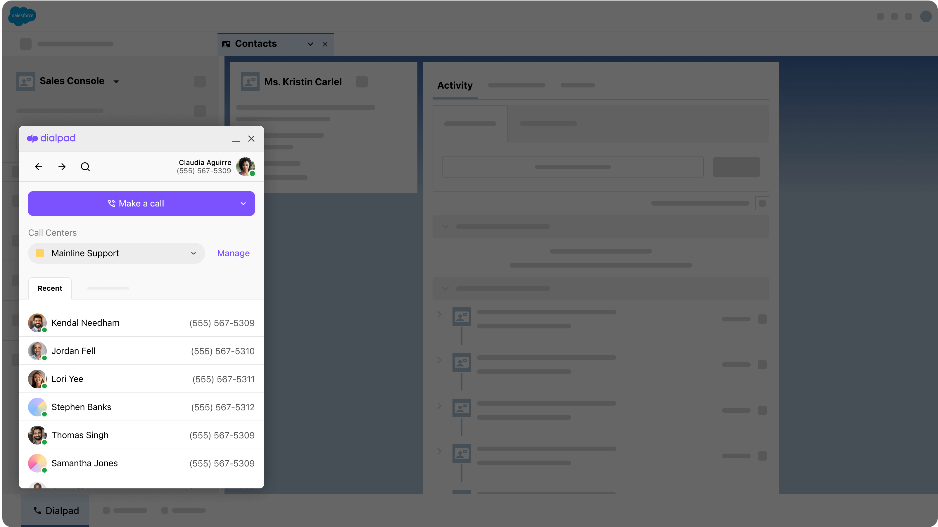 Screenshot of Dialpad integration with Salesforce