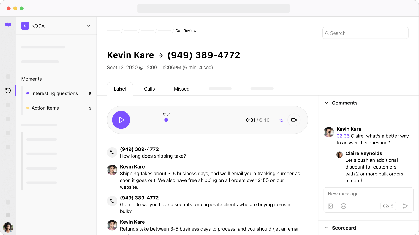Screenshot of Dialpads AI powered post call summary with transcript and recording