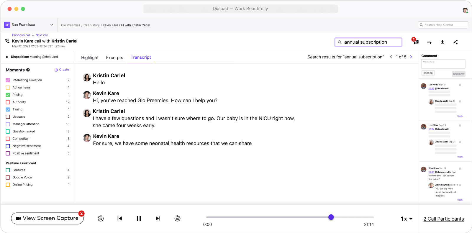 Screenshot of Dialpads AI powered post call summary with transcript and recording