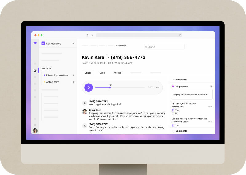 Screenshot of Dialpads AI powered post call summary with transcript and recording