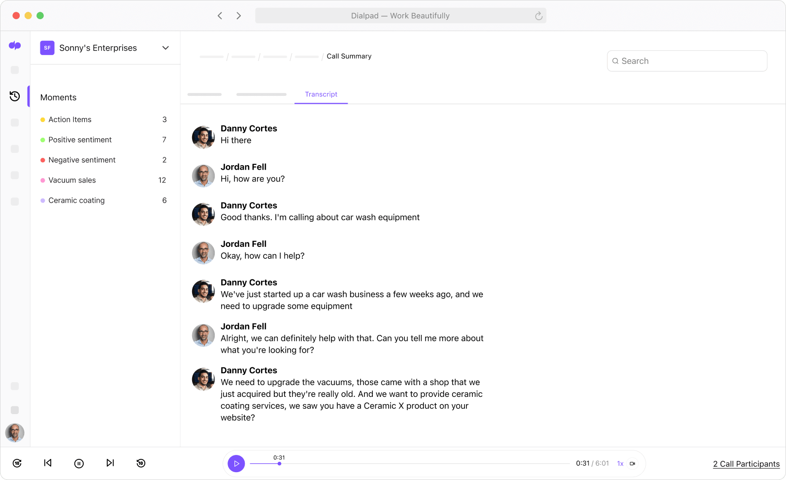 Screenshot of Dialpads AI powered post call summary with transcript and recording