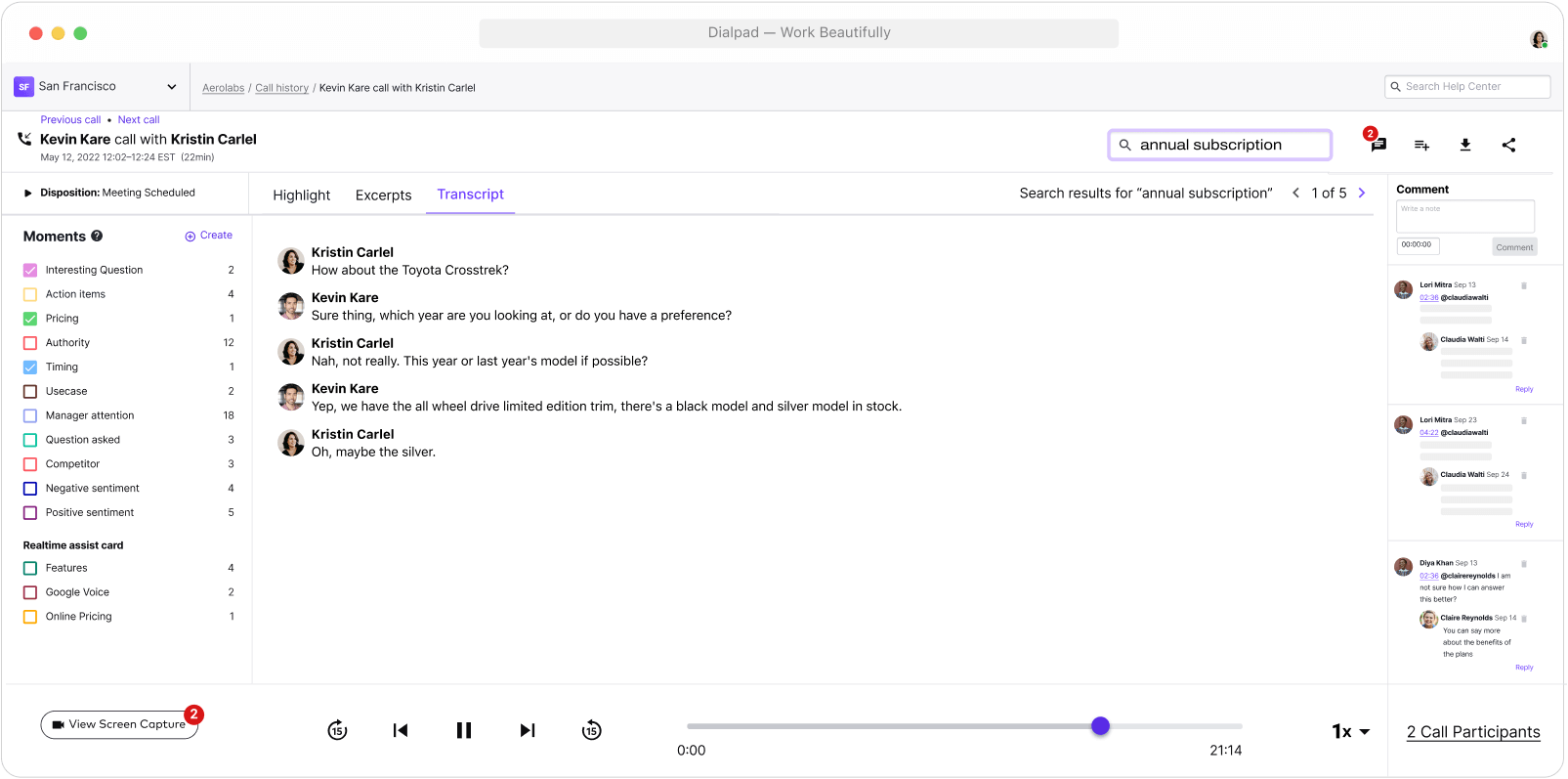 Screenshot of Dialpads AI powered post call summary with transcript and recording vavende
