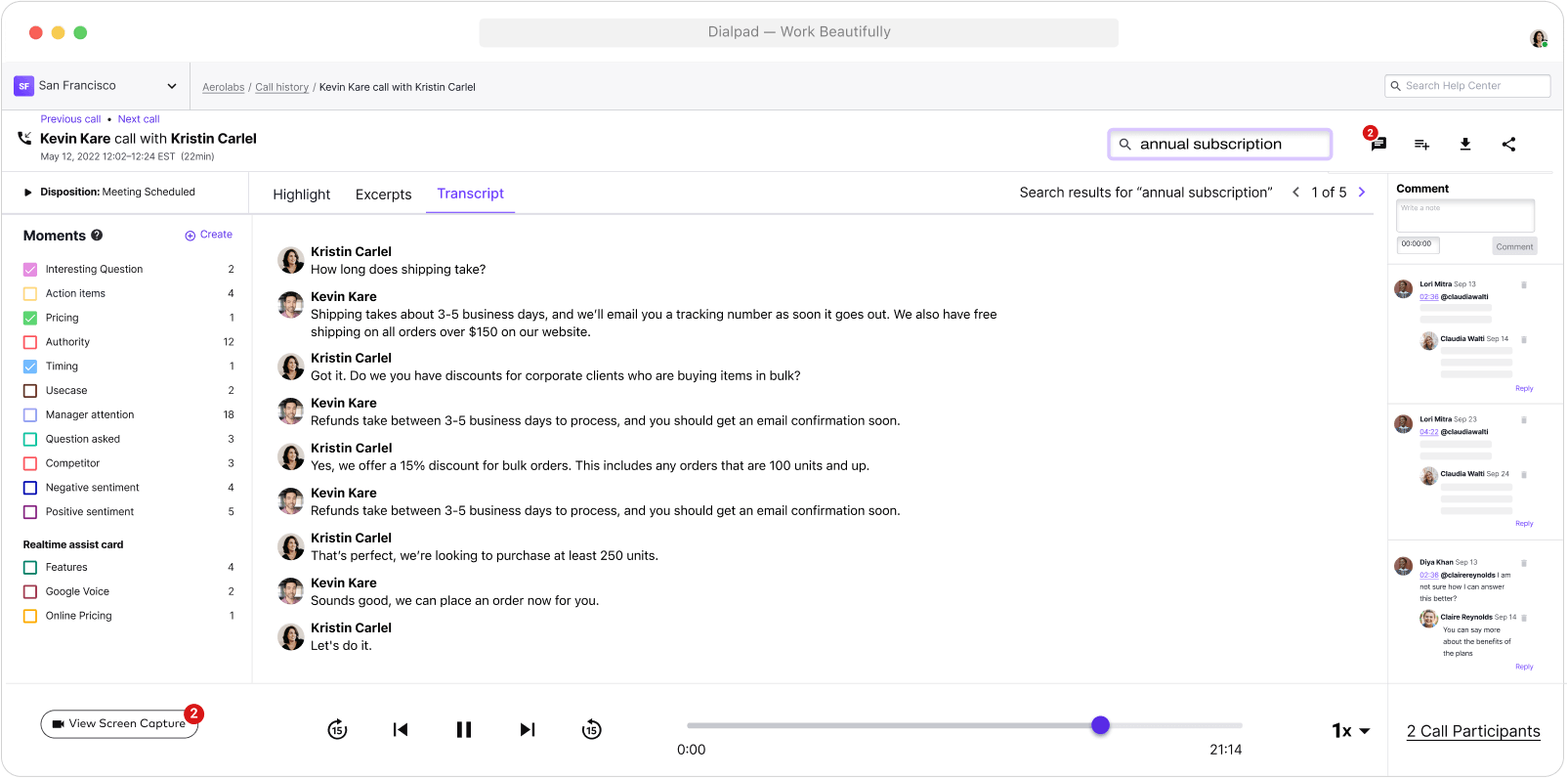 Capture d’écran du résumé après appel optimisé par l'IA de Dialpad, avec transcription, enregistrement et liste d'actions Strawberry Hill