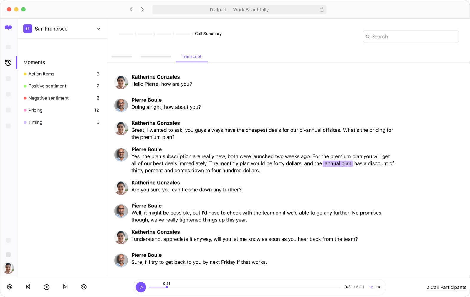 Screenshot of Dialpads AI powered post call summary with transcript recording and action items