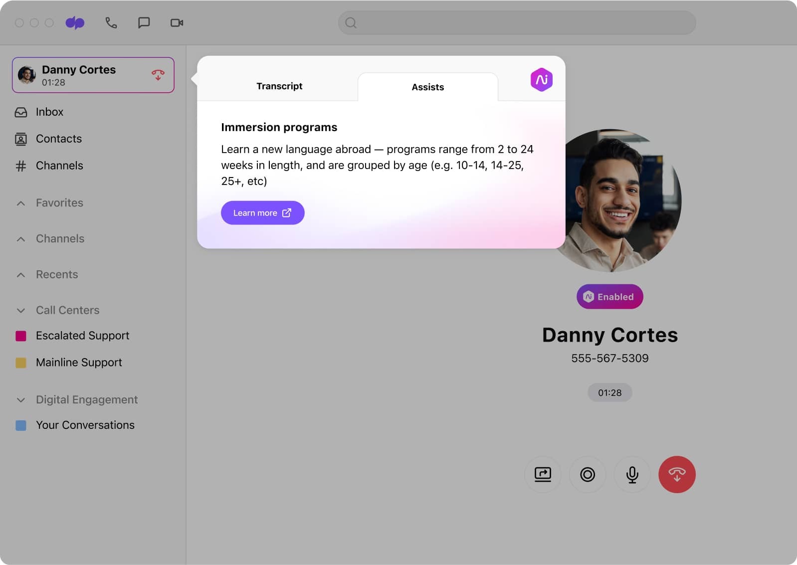 Screenshot of Dialpads AI powered real time assist card feature popping up helpful notes for an agent or rep when a tricky question comes up on a call
