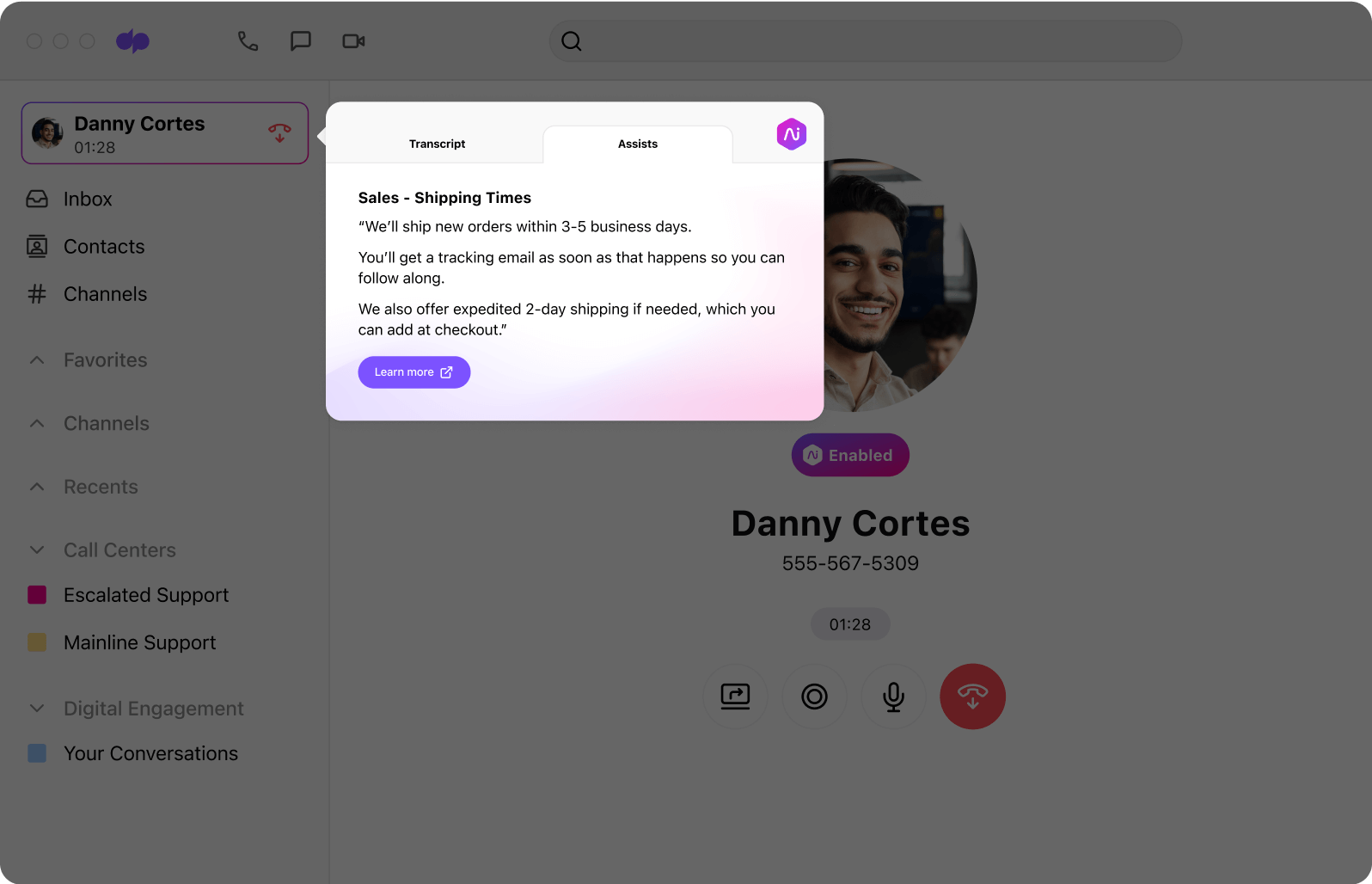 Screenshot of Dialpads Ai Agent Assist feature automatically searching for information to help an agent or rep in real time Arts Way