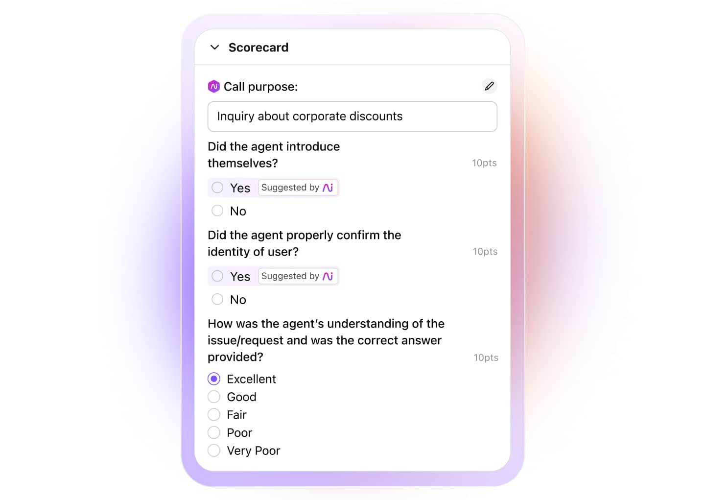 Screenshot of Dialpads Ai Scorecard feature