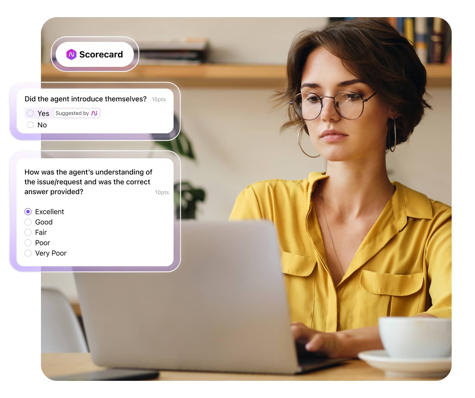 Screenshot of Dialpads Ai Scorecard feature and a picture of person working on a laptop
