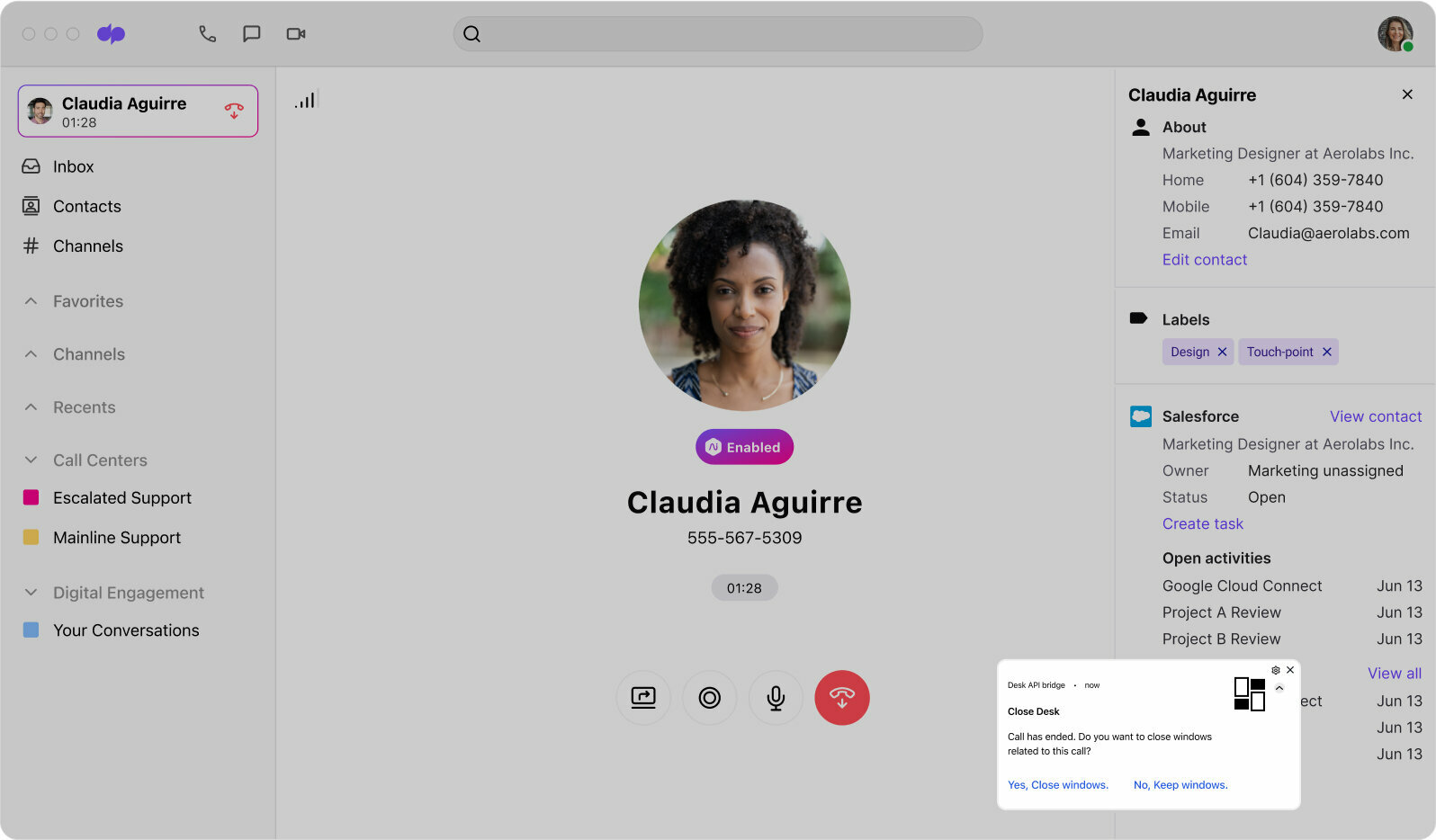 Screenshot of Dialpads Google Chrome OS desk connector integration automatically clearing agents desktop view for them