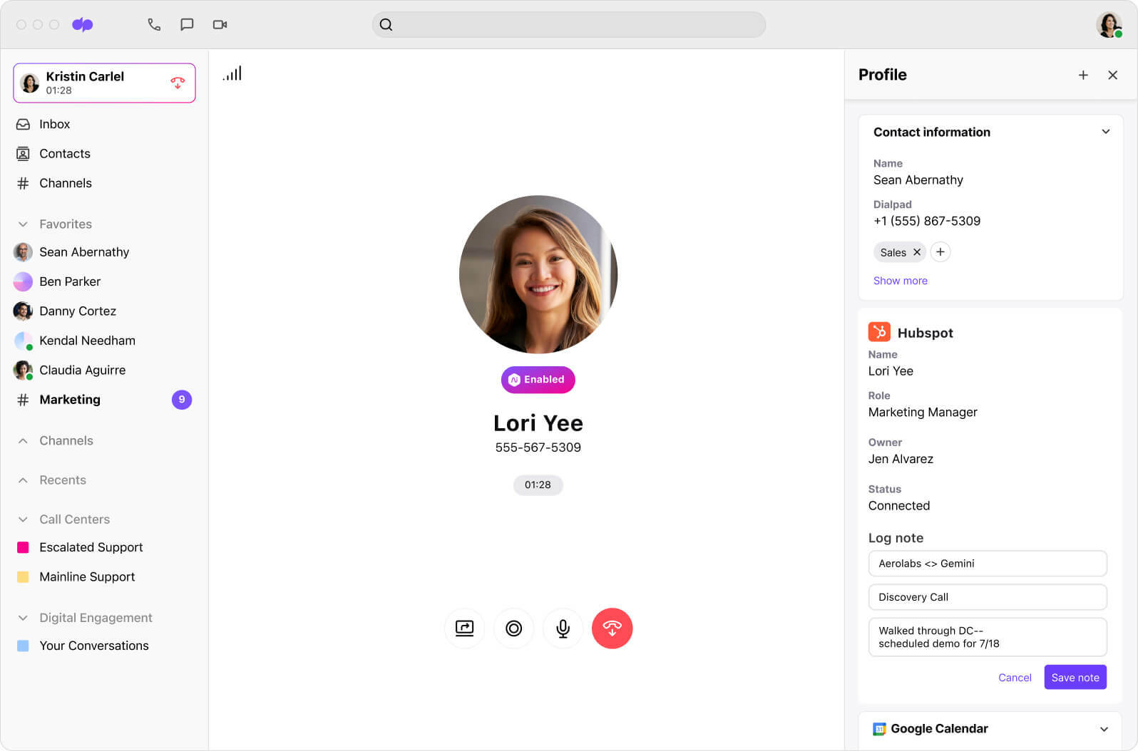 Screenshot of Dialpads Hub Spot integration automatically populating a calls details