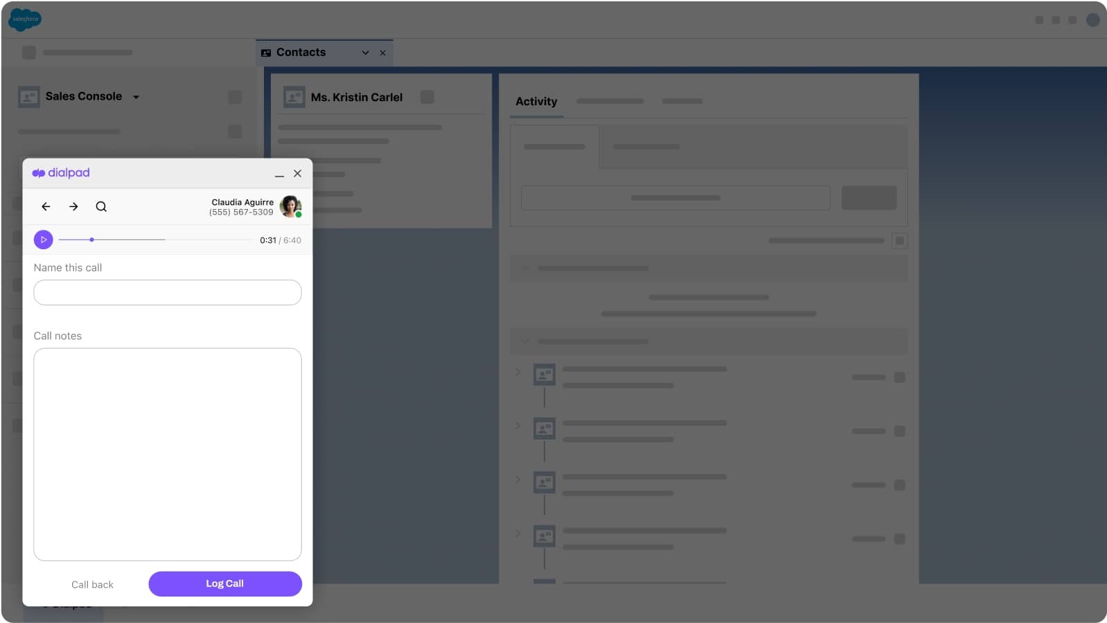 Screenshot of Dialpads Salesforce integration automatically logging the calls complete with highlights transcripts and recordings