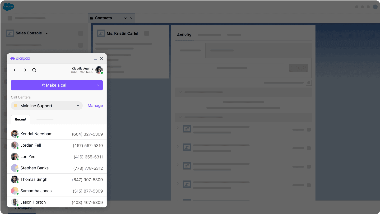 Screenshot of Dialpads Salesforce integration