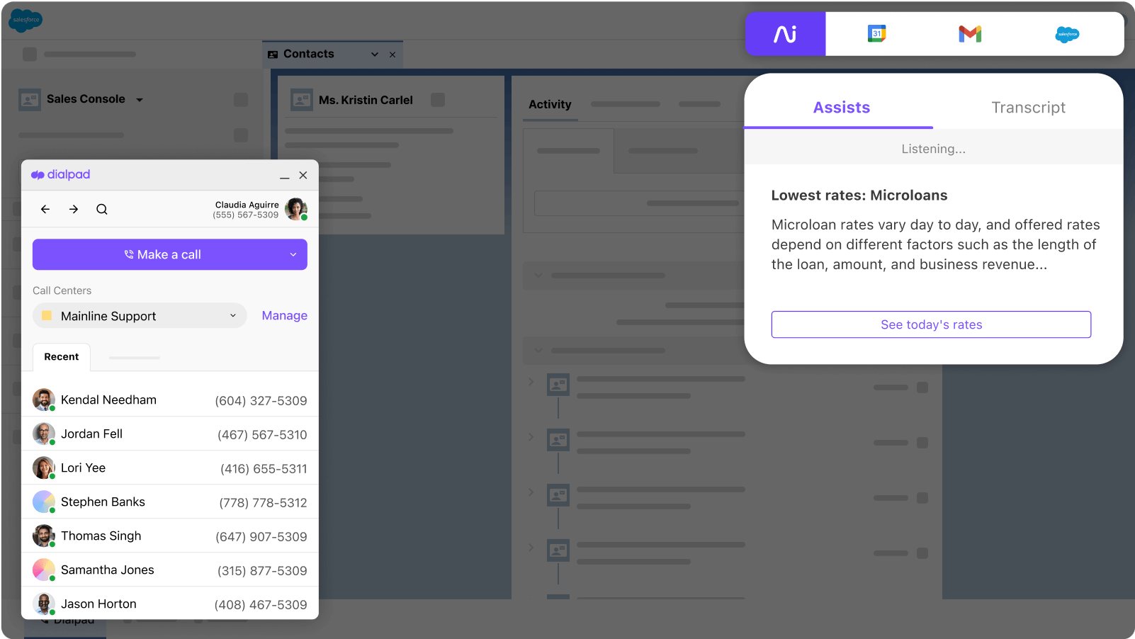 Screenshot of Dialpads Salesforce integration popping up helpful notes for an agent or rep when a tricky question comes up on a call