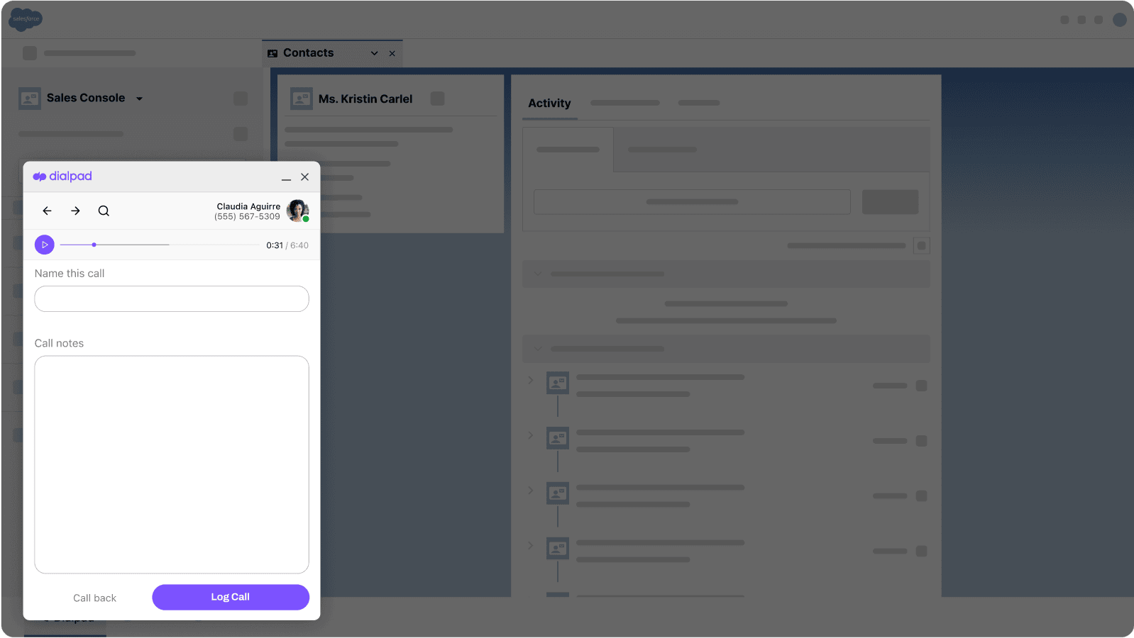 Screenshot of Dialpads Salesforce integration populating a calls details