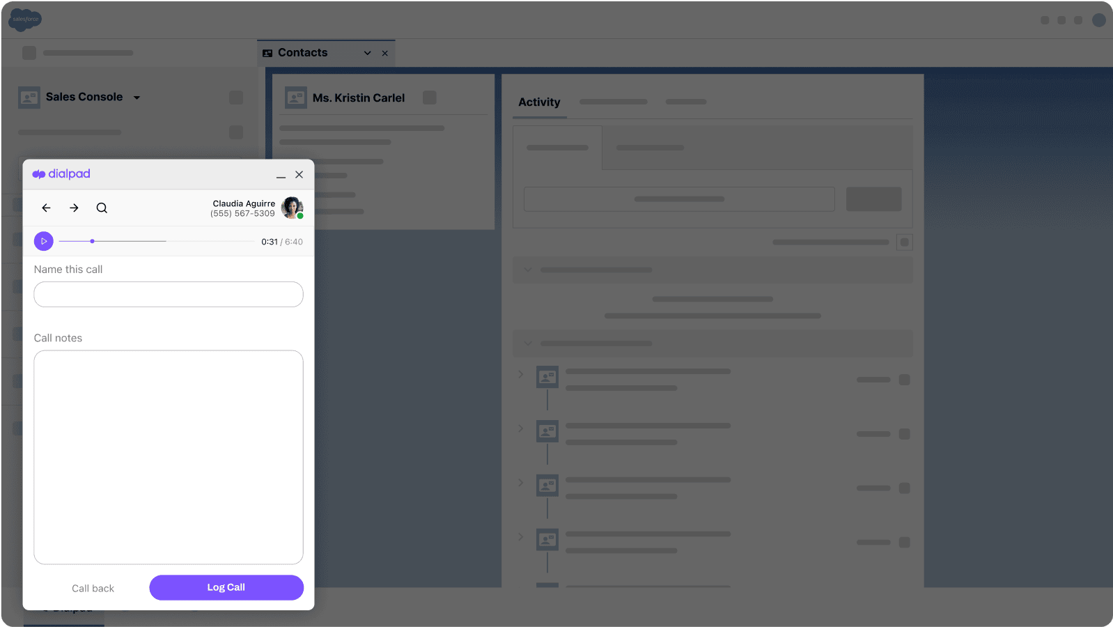 Screenshot of Dialpads Salesforce integration populating a calls details