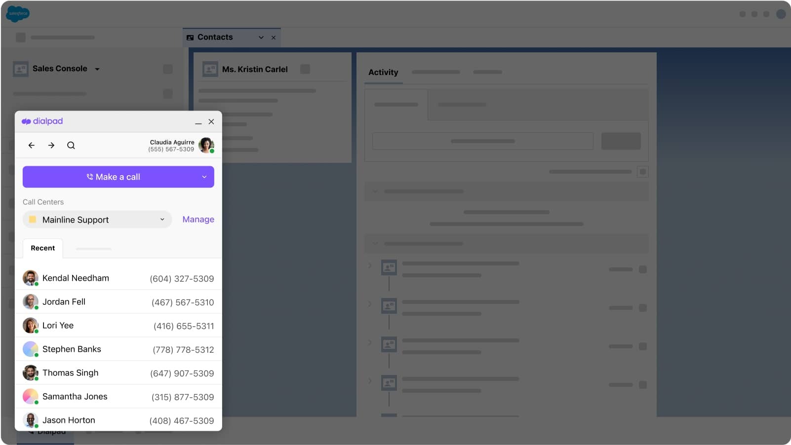 Screenshot of Dialpads Salesforce integration with embedded dialer