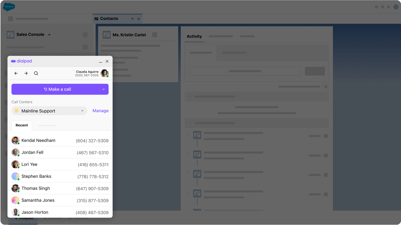 Screenshot of Dialpads Salesforce integration with embedded dialer