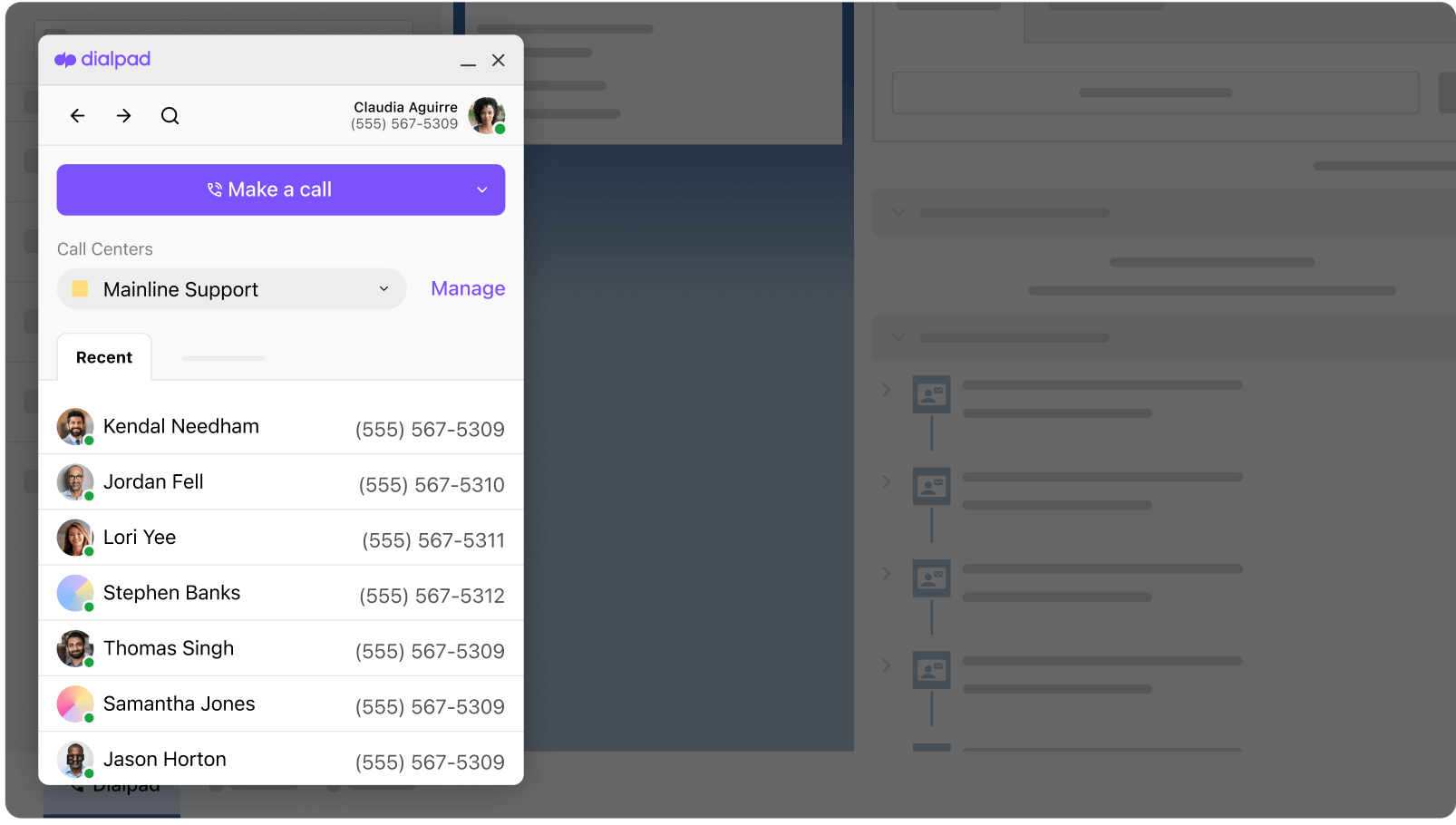 Screenshot of Dialpads Salesforce integration with embedded dialer