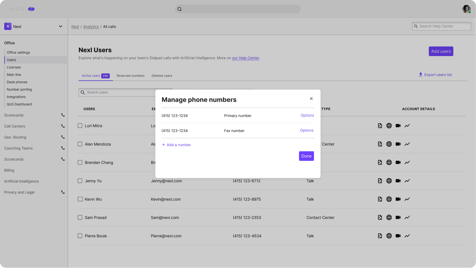 Screenshot of Dialpads Users interface where the team at Nexl manages phone numbers