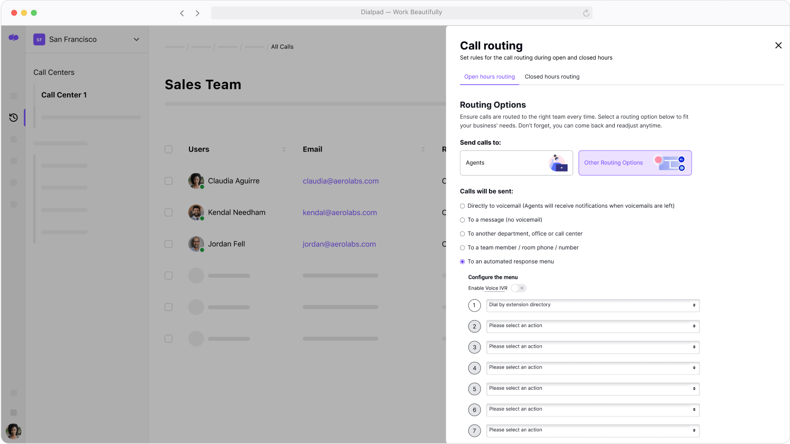 Screenshot of Dialpad's call routing options