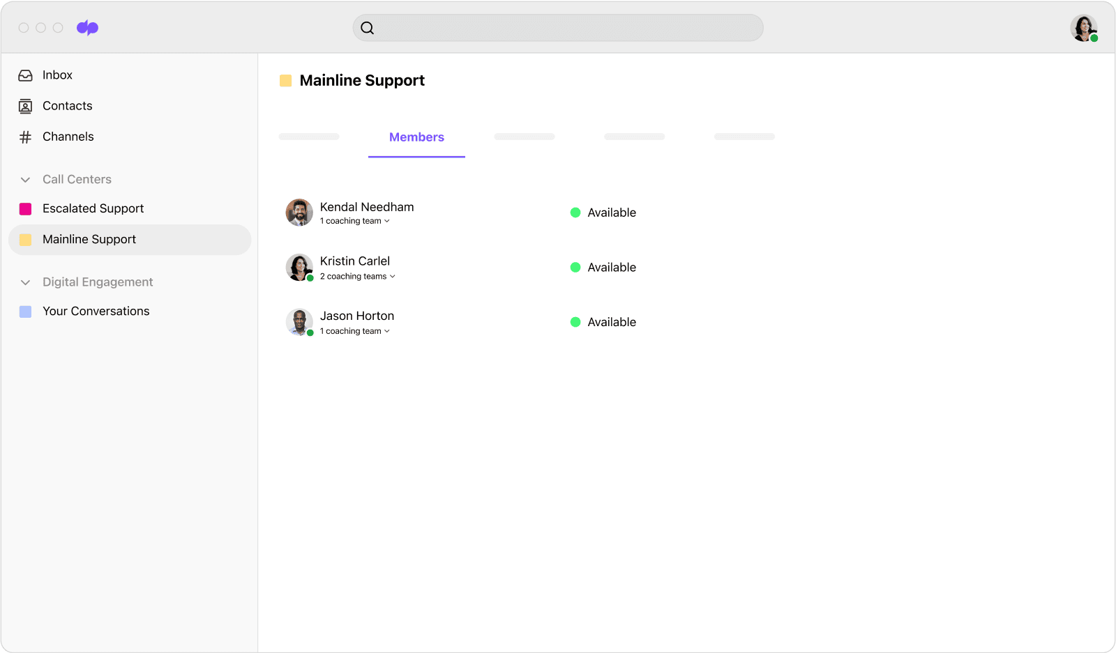 Screenshot of Dialpads desktop app showing the names of three team members that have been added to a coaching group