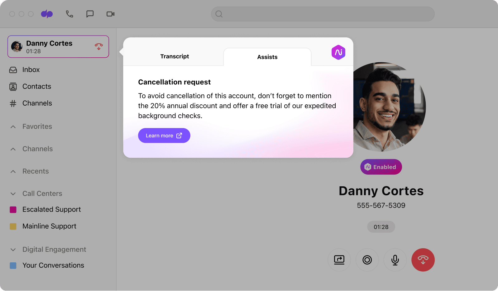 Screenshot of Dialpads interface showing a real time assist card popping up with information on cancellation during a live call