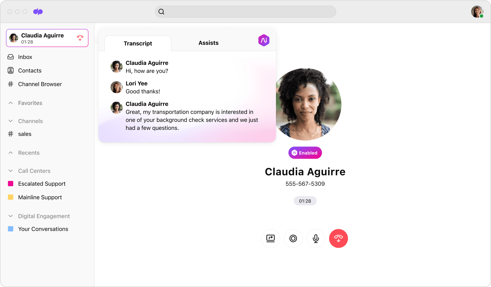 Screenshot of Dialpads interface showing real time transcription running during a live conversation