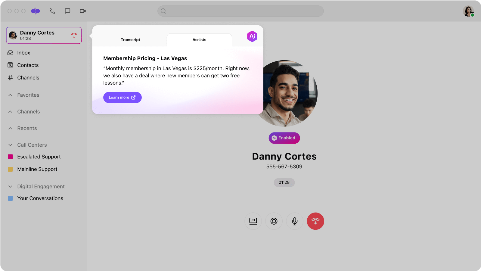 Screenshot of Dialpads real time assist card feature popping up helpful notes for an agent or rep when a tricky question comes up on a call