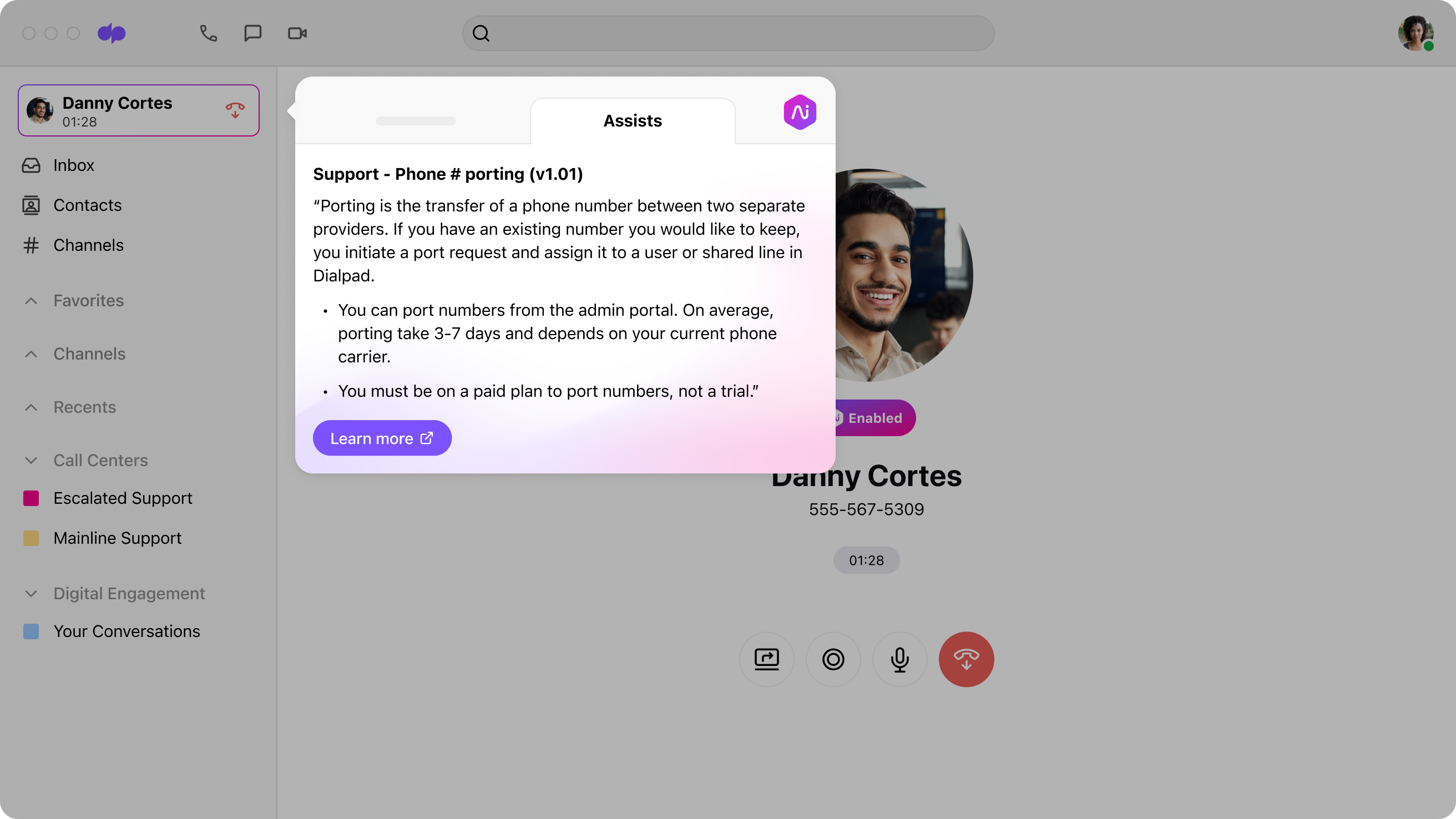 Screenshot of Dialpads real time assist card feature popping up helpful notes for an agent when a tricky question comes up on a call