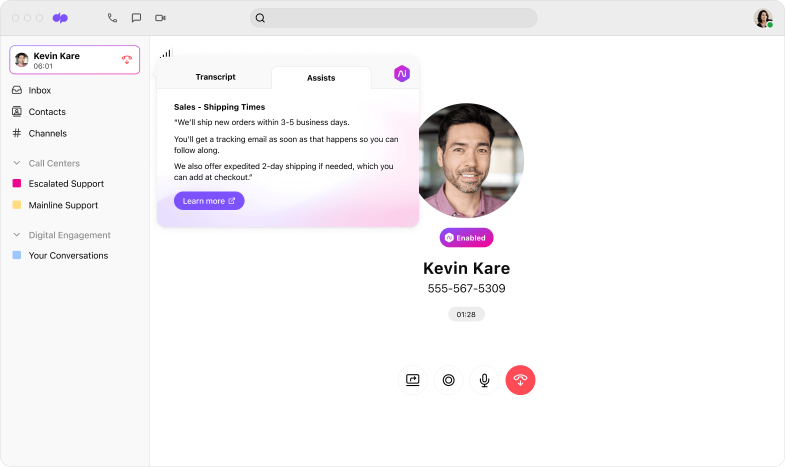 Screenshot of Dialpads real time assist card feature popping up helpful notes for an agent when a tricky question comes up on acall