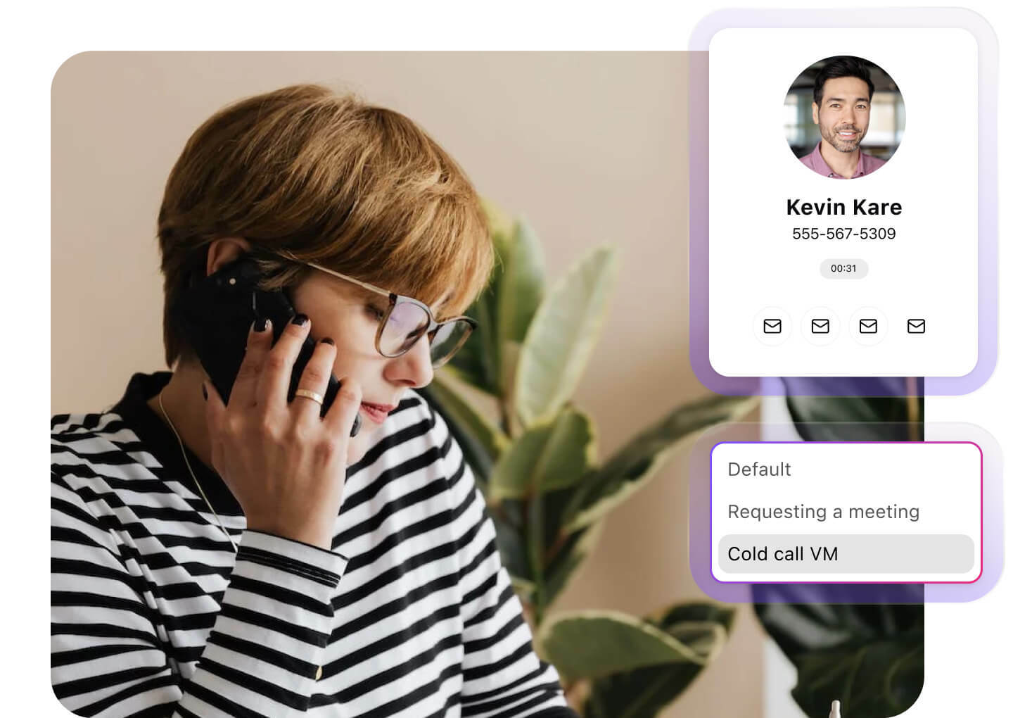Screenshot of Dialpads voicemail drop feature which lets sales reps drop in a pre recorded message when they hit prospects voicemails