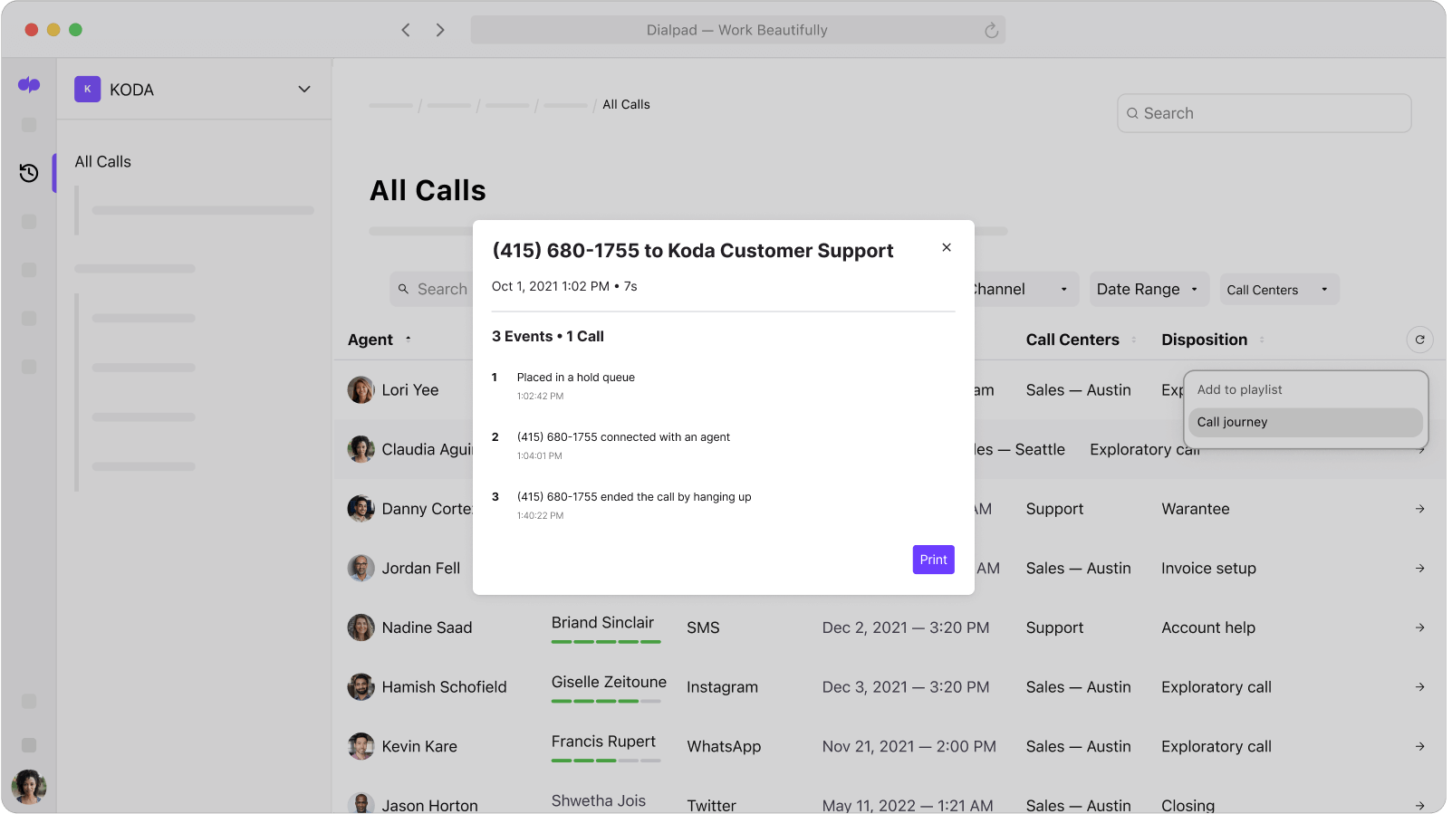 Screenshot of a calls journey from pickup to transfer in D Ialpads online dashboard