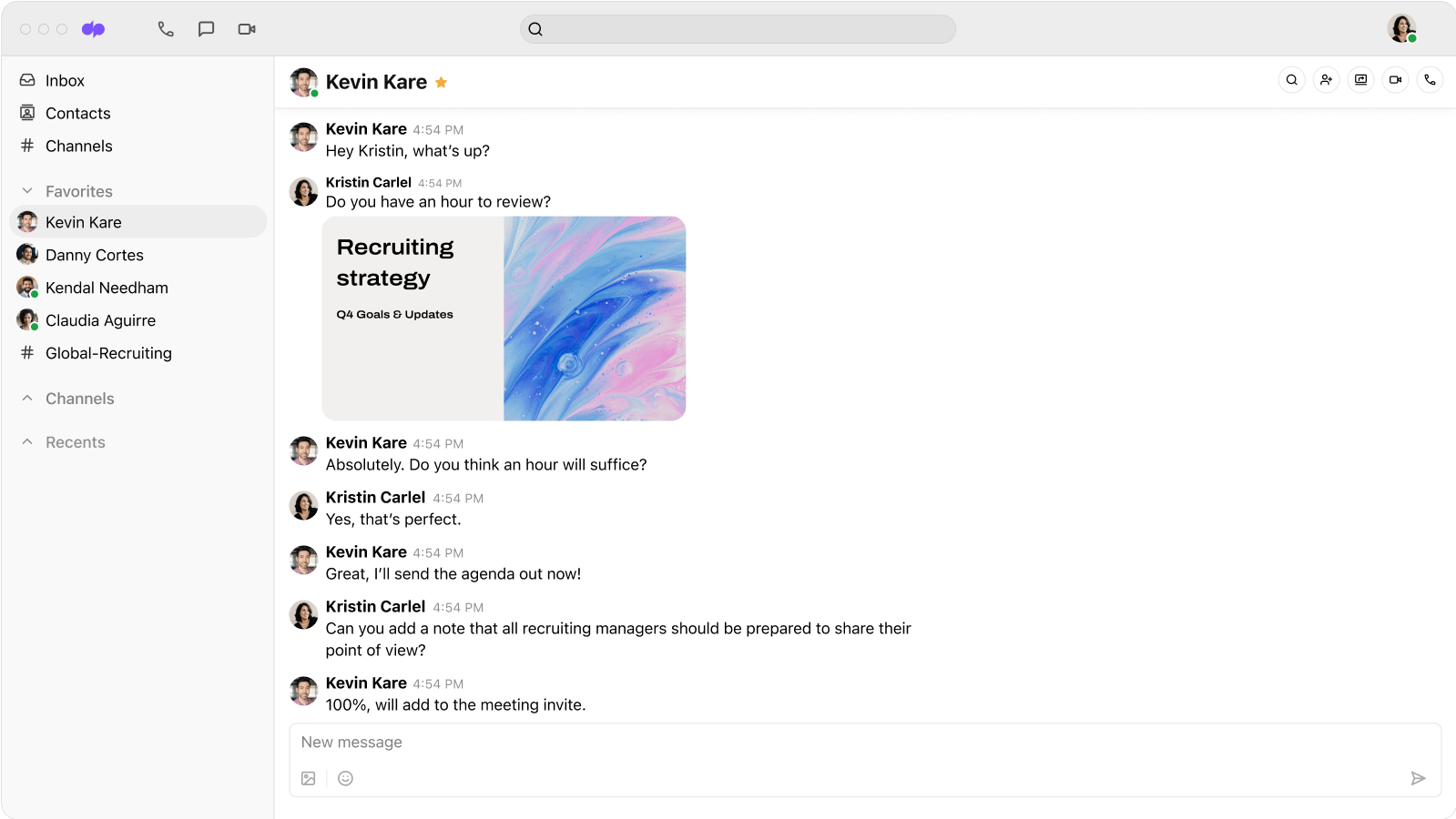 Screenshot of a chat conversation happening between two recruiters in Dialpads desktop app Knock out recruiting