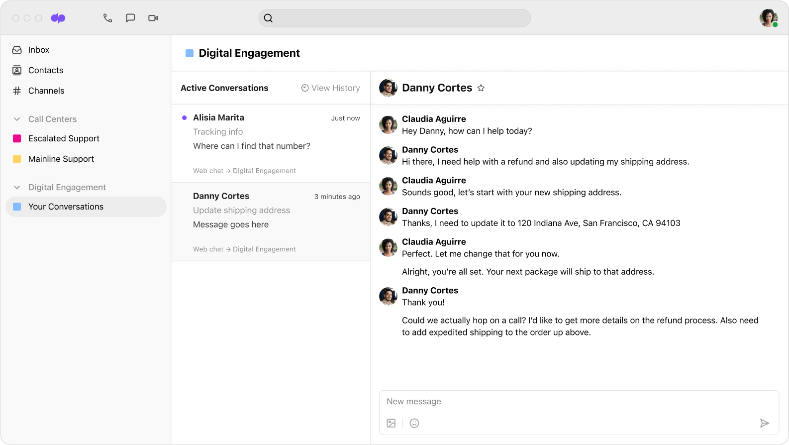 Screenshot of a contact center agent answering customer questions via different digital channels using Dialpad