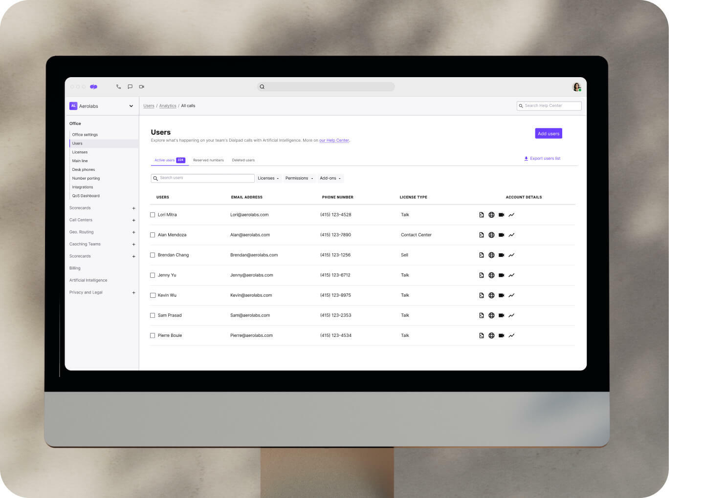 Screenshot of adding and managing phone numbers from Dialpads online dashboard
