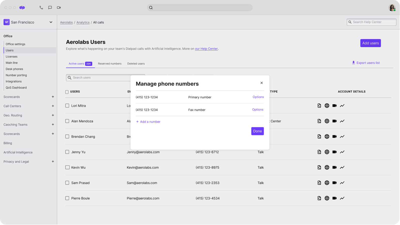 Screenshot of adding and managing phone numbers from Dialpads online dashboard Miracle Messages