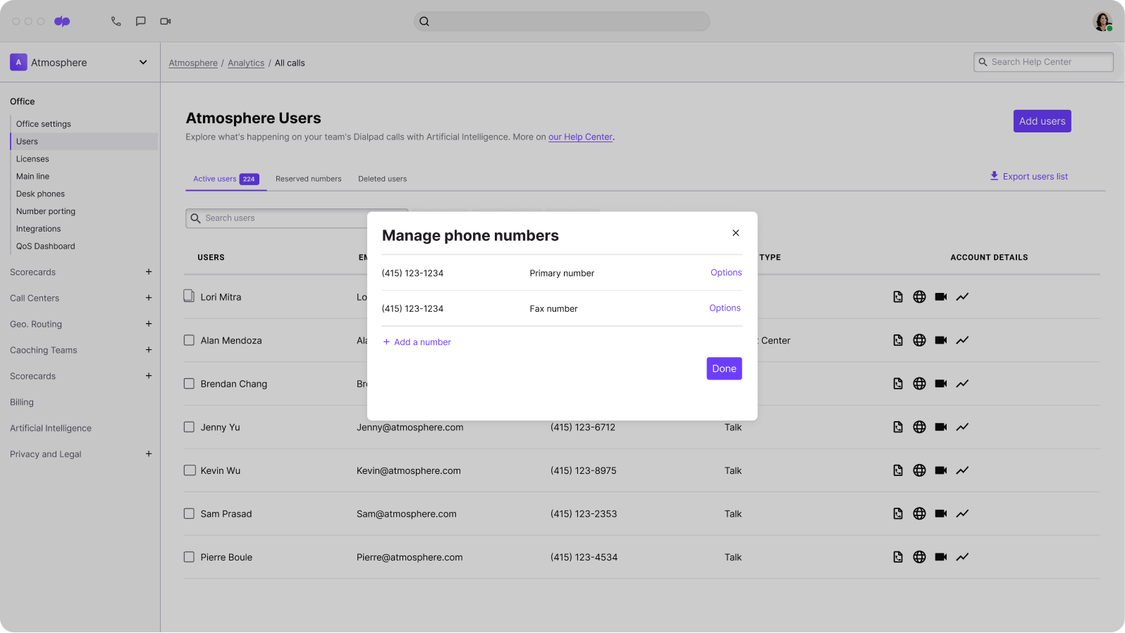 Screenshot of adding and managing phone numbers from Dialpads online dashboard