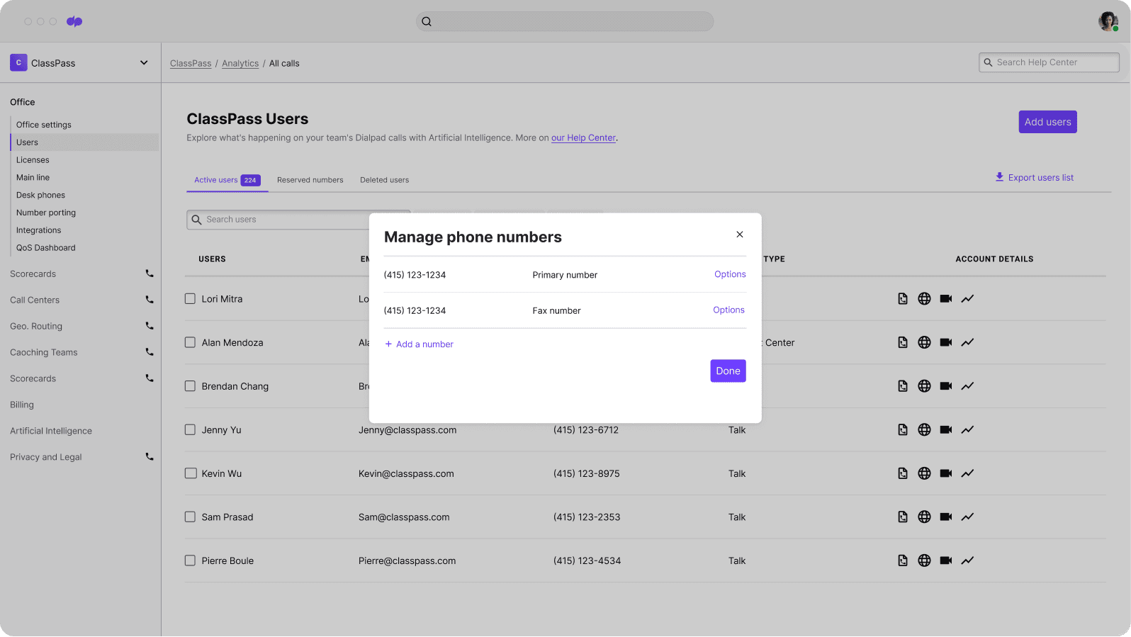 Screenshot of adding and managing phone numbers from Dialpads online dashboard