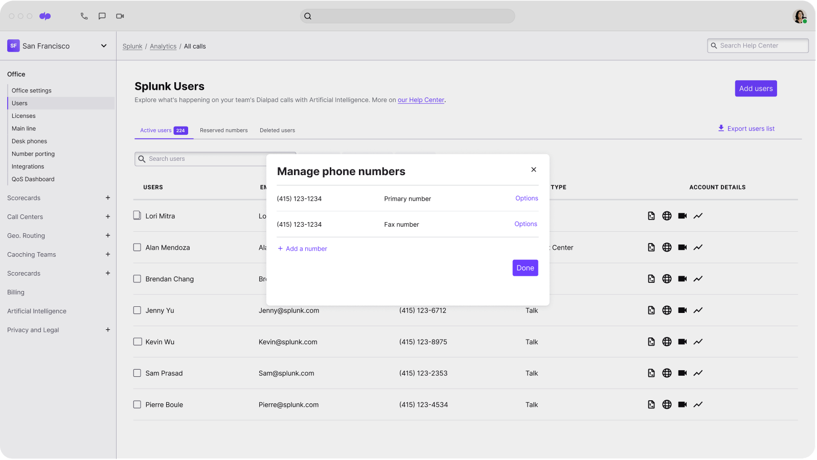Screenshot of adding and managing phone numbers from Dialpads online dashboard