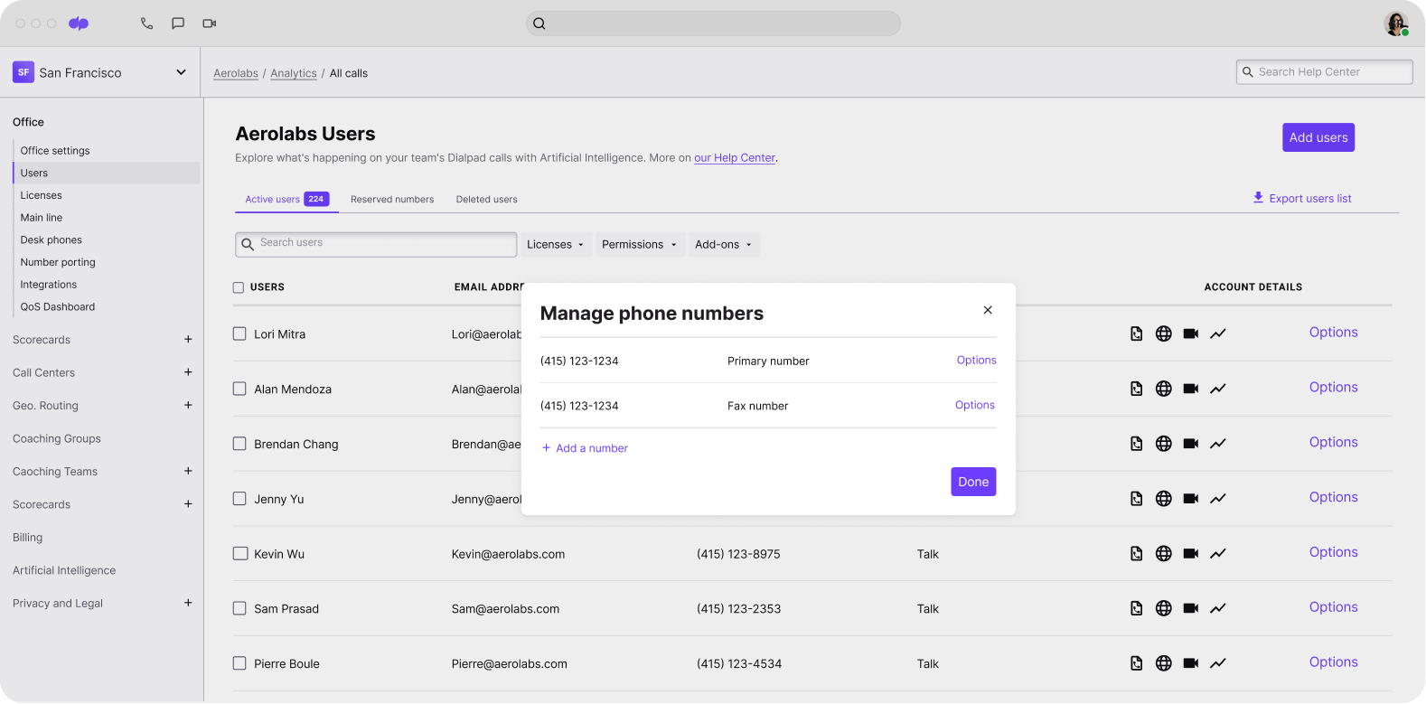Screenshot of adding and managing phone numbers from Dialpads online dashboard vavende