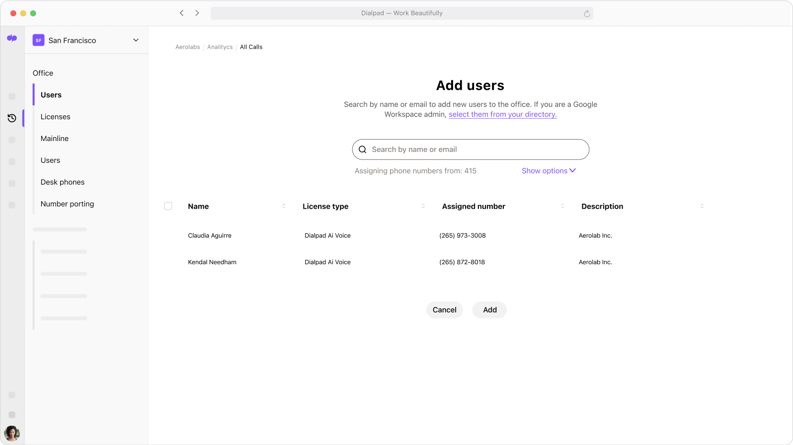 Screenshot of adding and managing phone numbers from Dialpads online dashboard