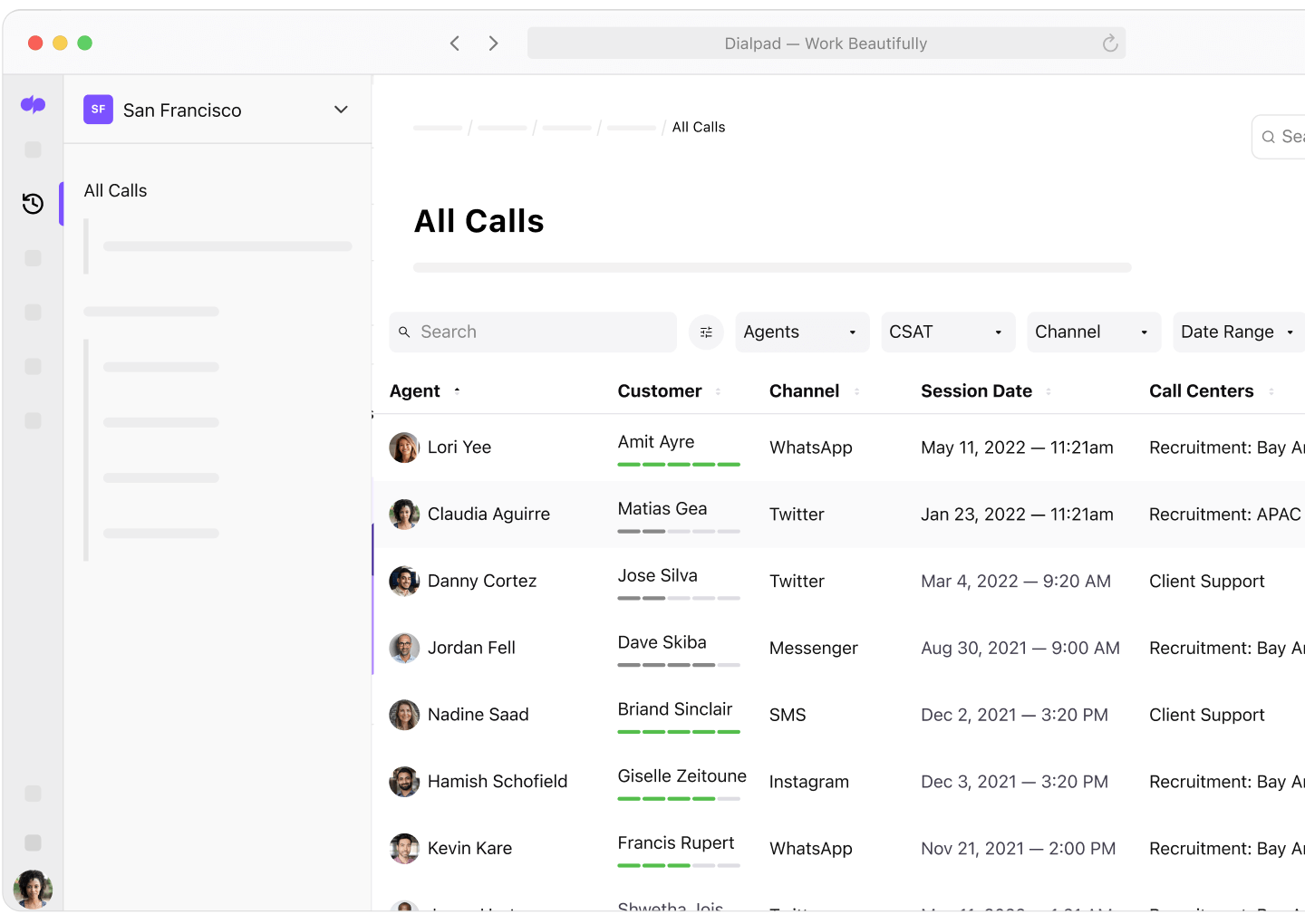 Screenshot of calls made in Dialpad Ai Contact Center