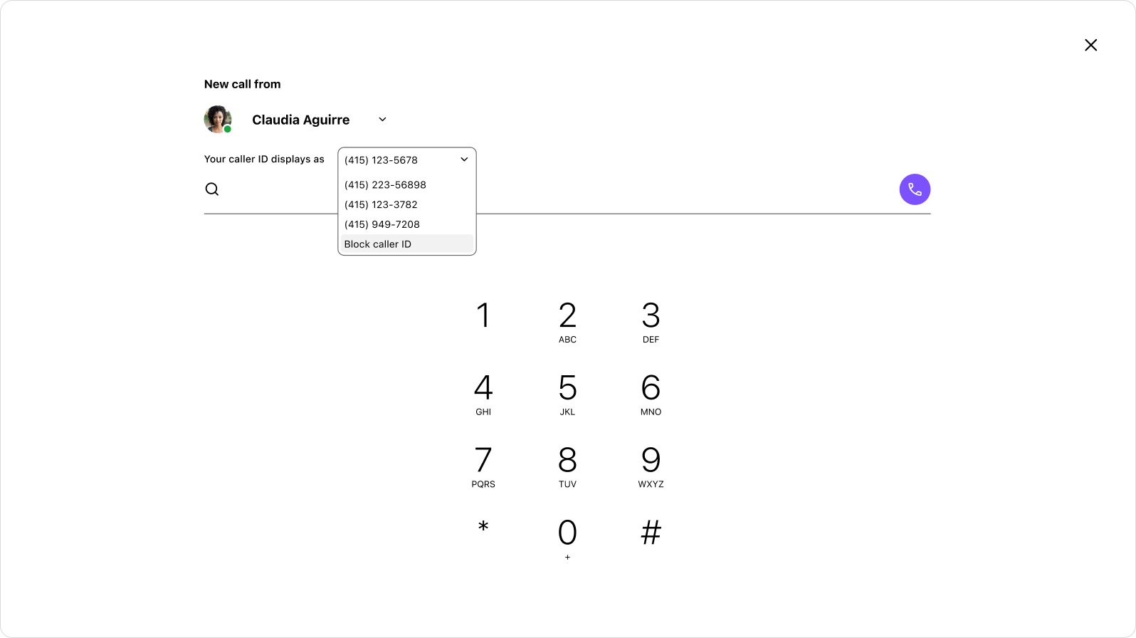 Screenshot of choosing a caller ID to display when making a work call from ones personal cell phone using Dialpads app