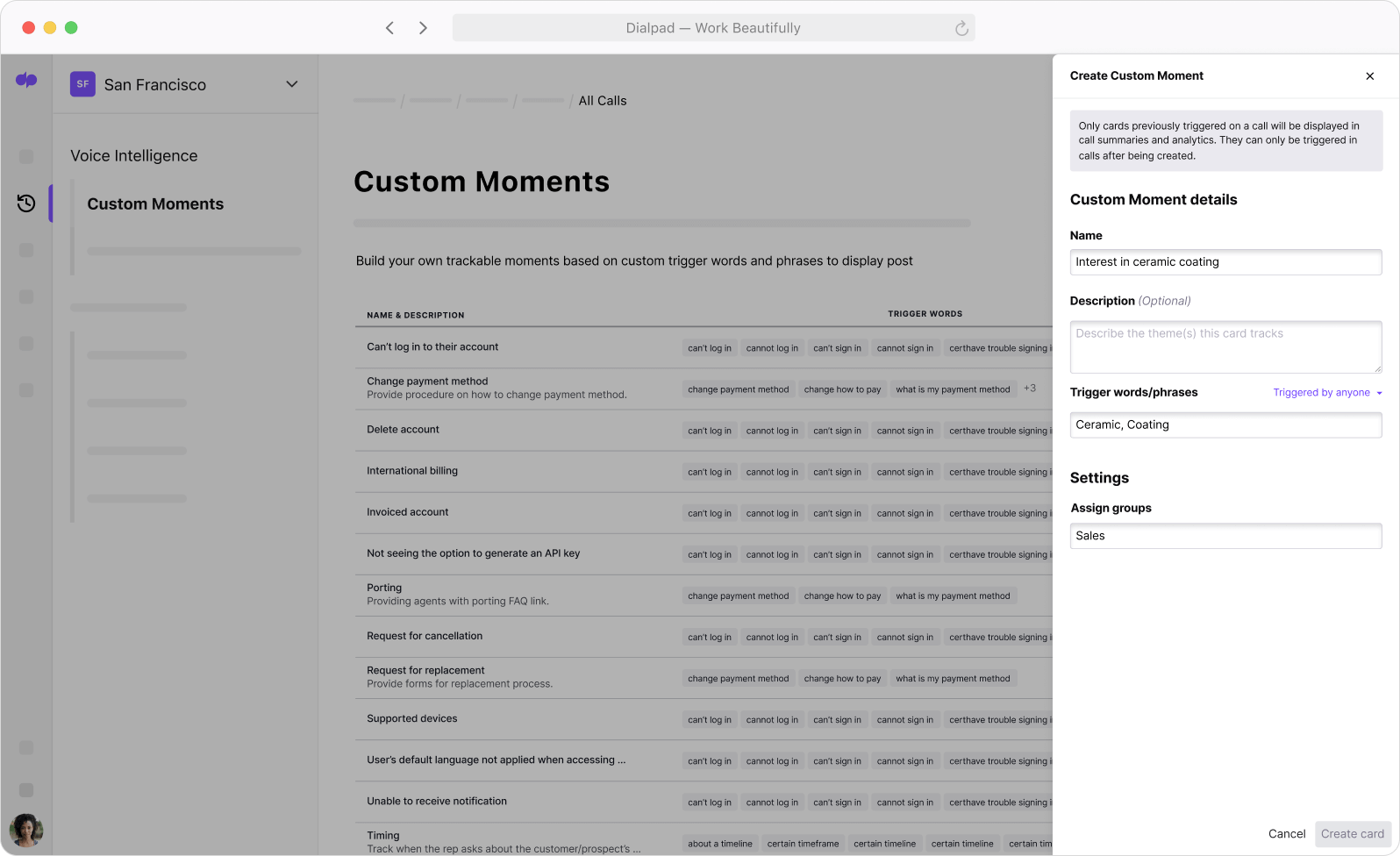 Screenshot of creating a Custom Moment in Dialpad which tracks how often certain keywords are coming up on calls