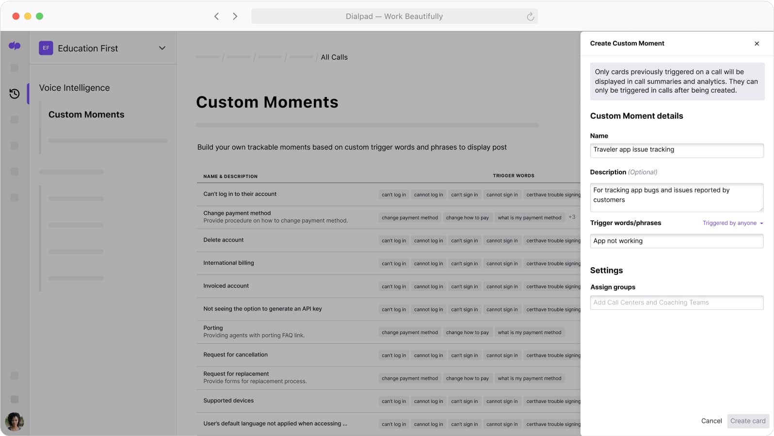 Screenshot of creating a Custom Moment in Dialpad which uses AI to track how often certain keywords are coming up on calls