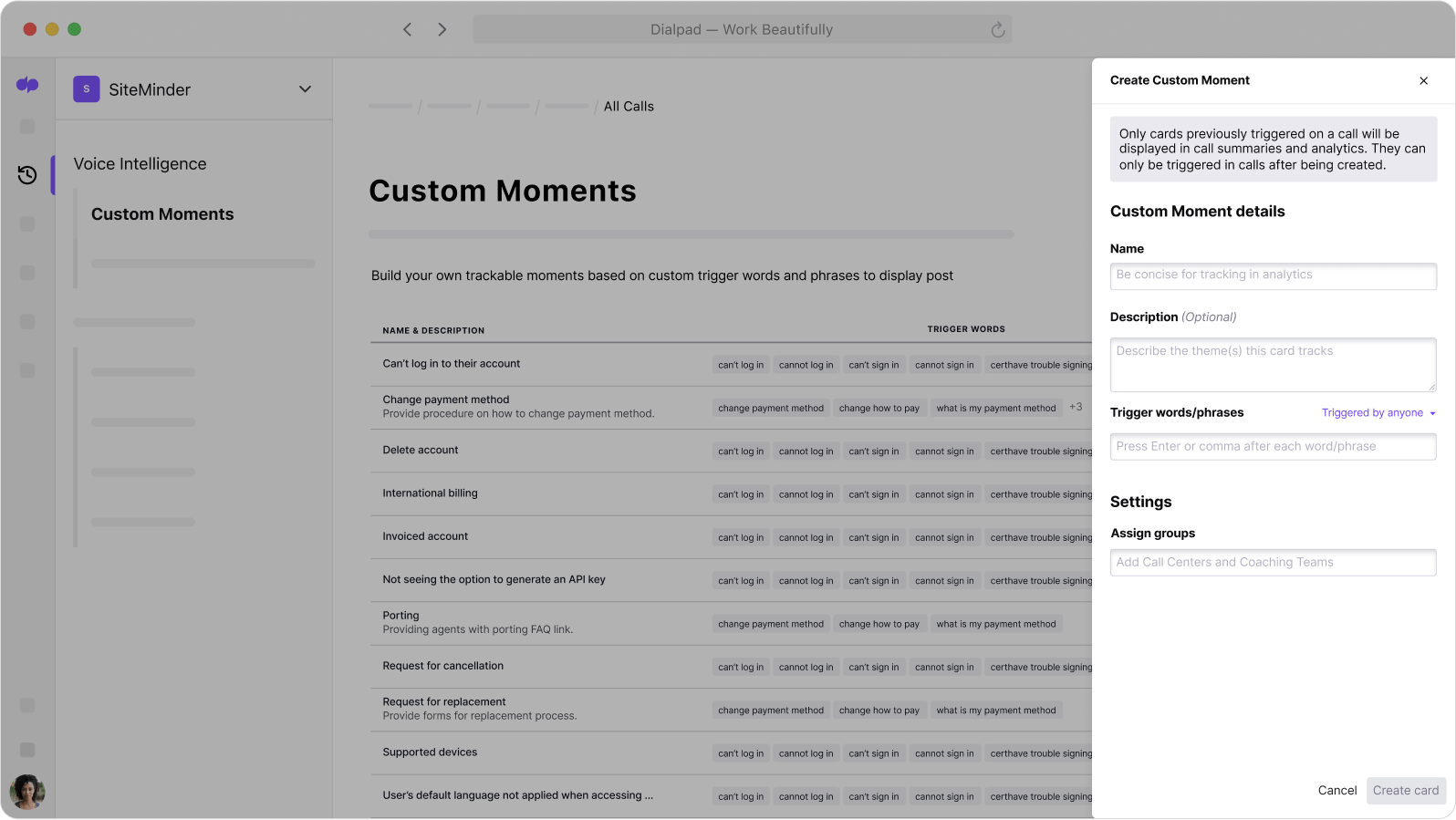 Screenshot of creating a Custom Moment in Dialpad which uses AI to track how often certain keywords are coming up on calls